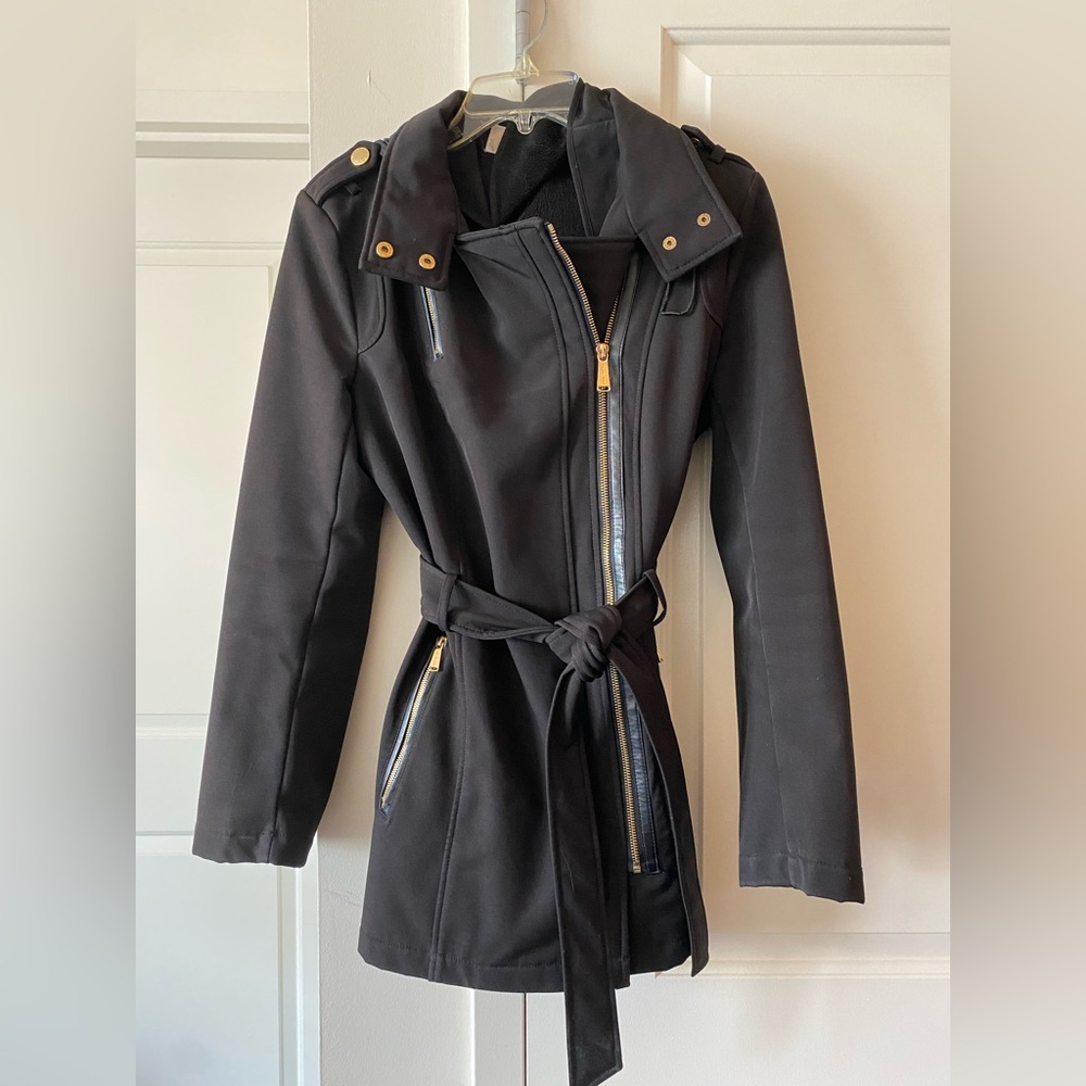 MICHAEL Michael Kors Black Trench Coat with Gold Accents